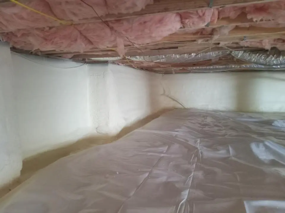 Crawl space encapsulation with closed-cell spray foam for Roof Leak Repair in Webster